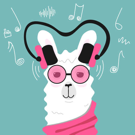 Lama or alpaca music lover with pink glasses and scraf. Music symbols on background. Vector flat illustrationのイラスト素材