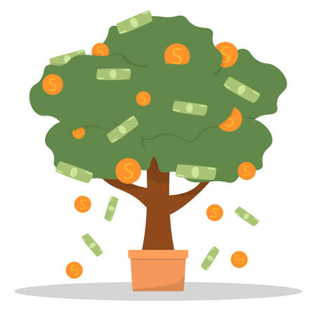 Money tree in pot with cash on branches. Plant with falling coins and banknotes. Concept of abundance, prosperity and richness. Colored flat cartoon vector illustration isolated on white backgroundのイラスト素材