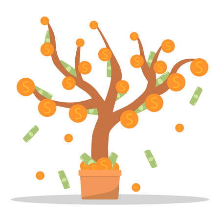 Money tree in pot with cash on branches. Plant with falling coins and banknotes. Concept of abundance, prosperity and richness. Colored flat cartoon vector illustration isolated on white backgroundのイラスト素材