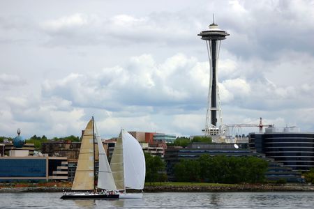 A view of Boats on Pudget Sound and Space Needle in Seattle, Washington Stateのeditorial素材