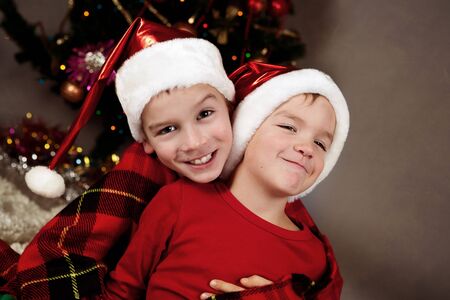 Portrait of two  happy boys, christmasの写真素材