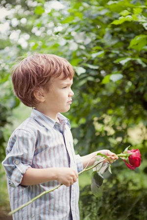 Boy holding  rose in her hand, parkの写真素材
