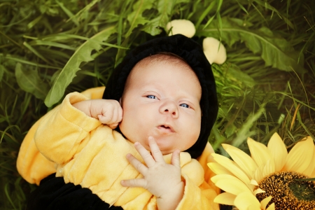 Portrait of newborn dressed as beeの写真素材
