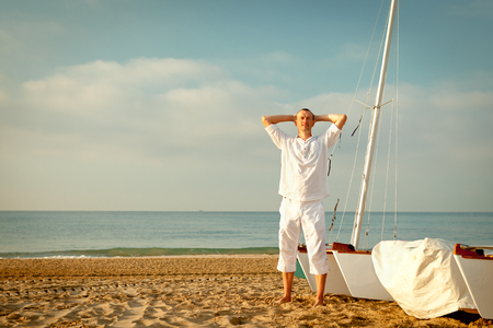 portrait of men near  yacht, outdoorの写真素材