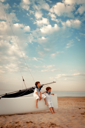 Portrait of young sailors near yacht, outdoorの写真素材