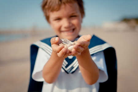 boy holding seashells on palms, outdoorの写真素材