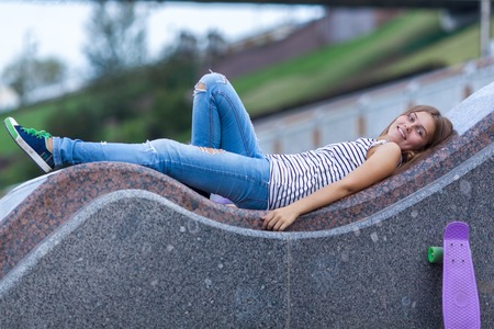 Portrait of Beautiful, happy young girl, outdoor, summerの写真素材