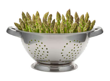 Fresh Asparagus in a Stainless Steel Colander. の写真素材