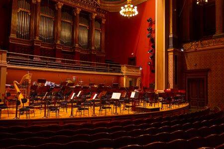 Interior of Rudolfinum Concert Hall. Equipment of the Orchestra in philharmonia, Prague, 20.11.2019.のeditorial素材