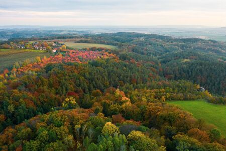 Autumn colorful trees at sunrise aerial view.