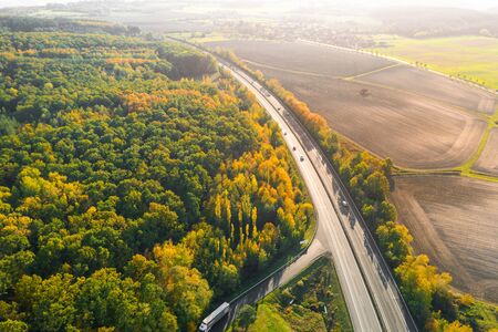 Highway between Autumn forest and cultivated ground with yellow trees at sunset in autumn. Aerial view of the traffic on speedway.の写真素材