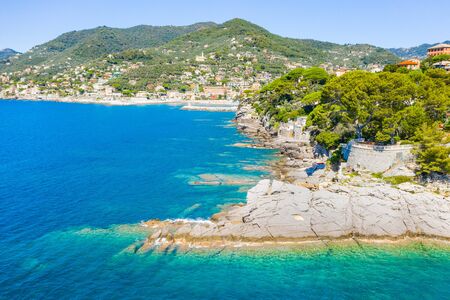Rocky coast in Camogli, Italy. Aerial view on Adriatic seaside, liguriaの写真素材
