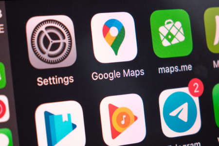 Google maps, maps me, mapy cz, telegram, whatsapp, google music, google book, settings in the Apple Carplay in car dashboard screen, September 2020, San Francisco, USAのeditorial素材