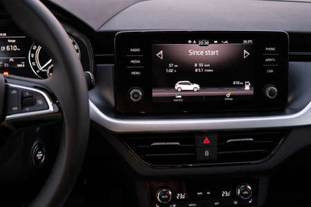 Since start information on the screen of car dashboard. Modern technology in Skoda automobile electronics, September 2020, Prague, Czech Republic.のeditorial素材