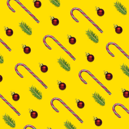 3D illustration of christmas or New year yellow background with candy cane stick, red ball and fir tree branch. Wrapping paper concept for winter holidays. Xmas pattern for fabric or surface design with copy spaceの写真素材