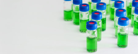Green samples in HPLC vials on the white background on the white background with copy space. Herbal extract for developing of natural drugsの写真素材
