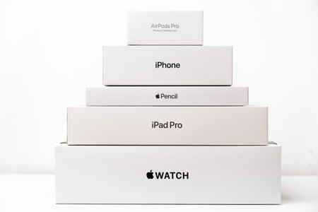 Apple watch, iPad Pro, Apple pencil, iphone, airpods pro pyramid from boxes. Shopping concept. December 2020, San Francisco, USAのeditorial素材