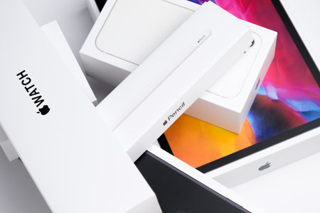Apple watch, pencil, iphone and iPad boxes, March 2020, San Francisco, USA