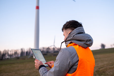 Electrical engineer checking or repairing wind turbines in the field using a tablet.