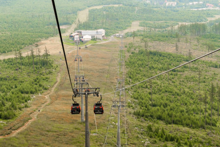 View from cable car or funicular in High Tatras in Slovakia, April 2021, High Tatras, Slovakia.