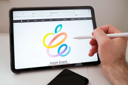Apple Event 2021 on the IPad Pro Screen. US, San Francisco, April 2021.のeditorial素材