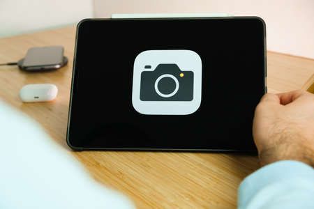 Apple camera on the screen of iPad tablet. March 2021, San Francisco, USA