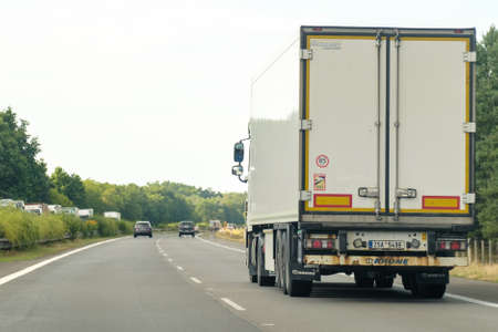 Lorry truck moving on the highway, July 2021, Prague. Czech Republic