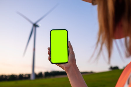 Woman engineer holding a smartphone with chromo key on the background of wind turbine at sunset.の写真素材