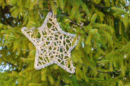 Big star on the Christmas tree in the street. Preparation to the Christmas holidays.の写真素材