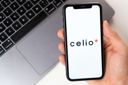 Celio application for buying clothes, shoes and accessories online. Online shopping using a mobile phone or laptop November 2021, San Francisco, USAのeditorial素材