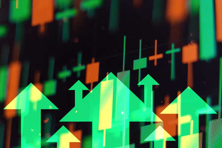 Increasing green arrows showing improvements in the economy or growth of stocks on the stock exchange.の写真素材