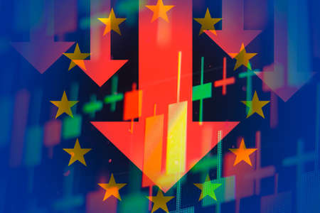 Dropping arrows showing decreasing trend in economy in global crisis or downtrend of stocks on the stock exchange in European Union.の写真素材