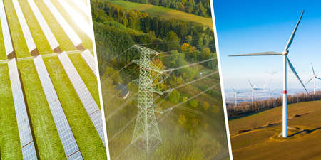 Generation of green energy with solar panels. wind farm with wind turbines and windmills and pylon.