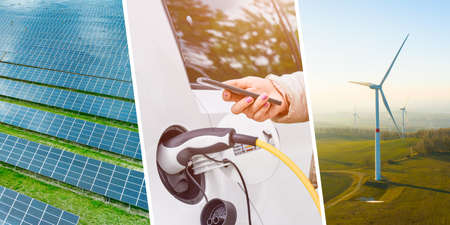 Renewable energy concept with windmills, solar panel and electric car EV, unlocked with mobile phone...