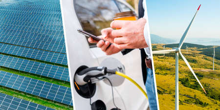 Renewable energy concept with wind mills, solar panel and electric car EV, unlocked with mobile phone by man.の写真素材