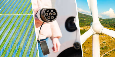 Collage of green energy with solar panels, wind turbine farm and woman hand inserting the electrical connector into the electric car for charging.の写真素材