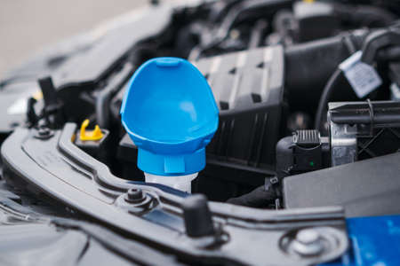 Blue cap of the tank for windshield washer fluid, close up.