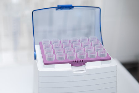 Tip Box with five militers tips for automatic pipette. Laboratory tools for chemical analysis.の写真素材