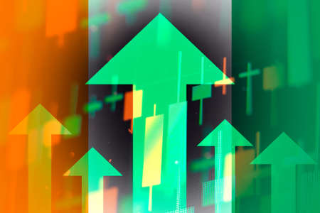 Increasing green arrows showing improvements in the economy or growth of stocks on the stock exchange in Irelandの写真素材