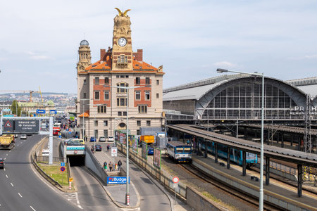 Aerial view of Central railway station in Prague and moving cars, May 2022, Prague, Czech Republic.のeditorial素材