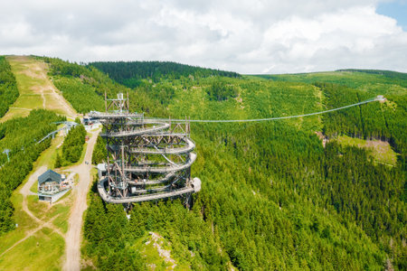 Aerial view of the worlds longest 721 meter suspension footbridge Sky bridge and observation tower...