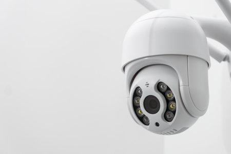 Round CCTV camera with antennas shoots video on the white wall. Digital equipment to record and...