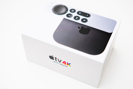 Apple TY 4k Wi fi and Ethernet box on the white background, February 2023, Prague, Czech Republicのeditorial素材
