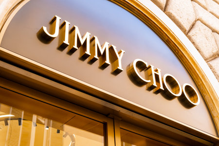 Jimmy Choo fashion store in Rome. Famous luxury boutique worldwide. Fashion week concept. March 2023, Rome, Italy.のeditorial素材
