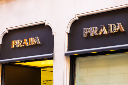Prada fashion store in Rome. Famous luxury boutique worldwide. Fashion week concept. March 2023, Rome, Italy.のeditorial素材