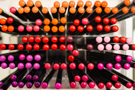 Colorful lip pencils for professional makeup from Kiko Milano, March 2023, Naples, Italyのeditorial素材