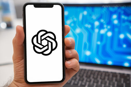 Open AI artificial intelligence logo on the screen of mobile phone and neural network on the screen of laptop on the background, March 2023, Prague, Czech Republicのeditorial素材