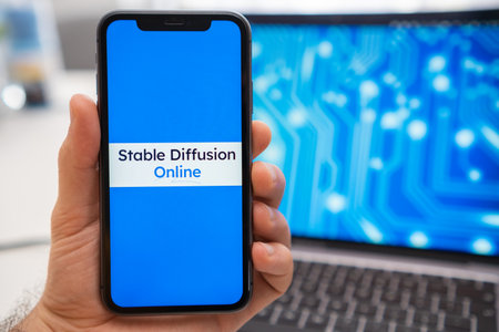 Stable Diffusion Online logo of neural network on the screen of the smartphone in mans hand and laptop with neuronet on the splash screen on the background. Artificial intelligence for image generation, March 2023, Prague, Czech Republicのeditorial素材