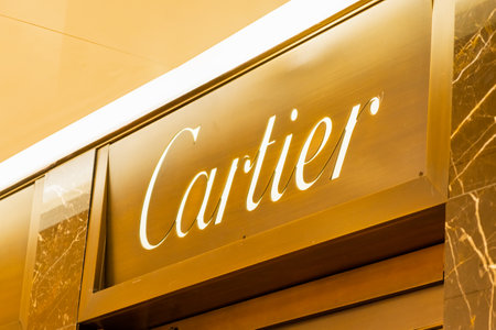 Cartier golden fashion store in Rome. Fashion week concept. March 2023, Rome, Italy.のeditorial素材