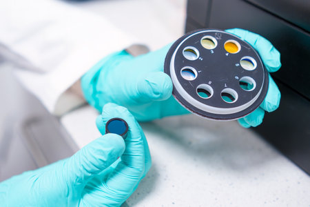 The scientist changes UV filters intended for microbiological analysis using a spectrophotometer.の写真素材